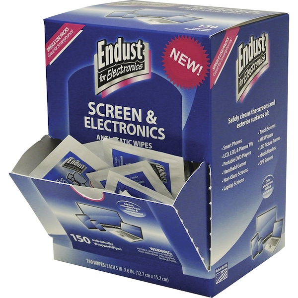 Endust Electronic Screen Wipes, Anti-Static, 5"Wx6"L, Blue, PK 150 NRZ14316 - main